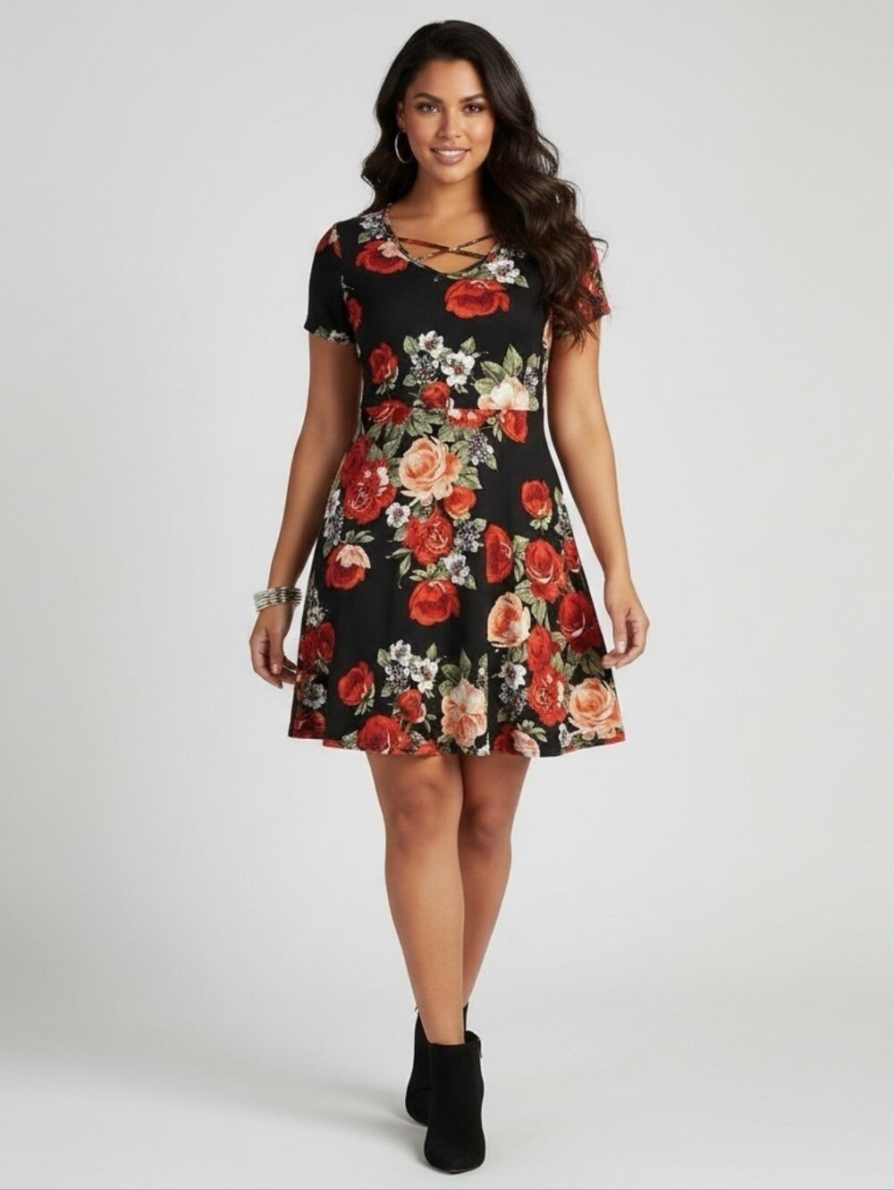 Joe Boxer Floral Black & Red Short Sleeve Skater Mini Dress, Velvet Feel, EUC 3X